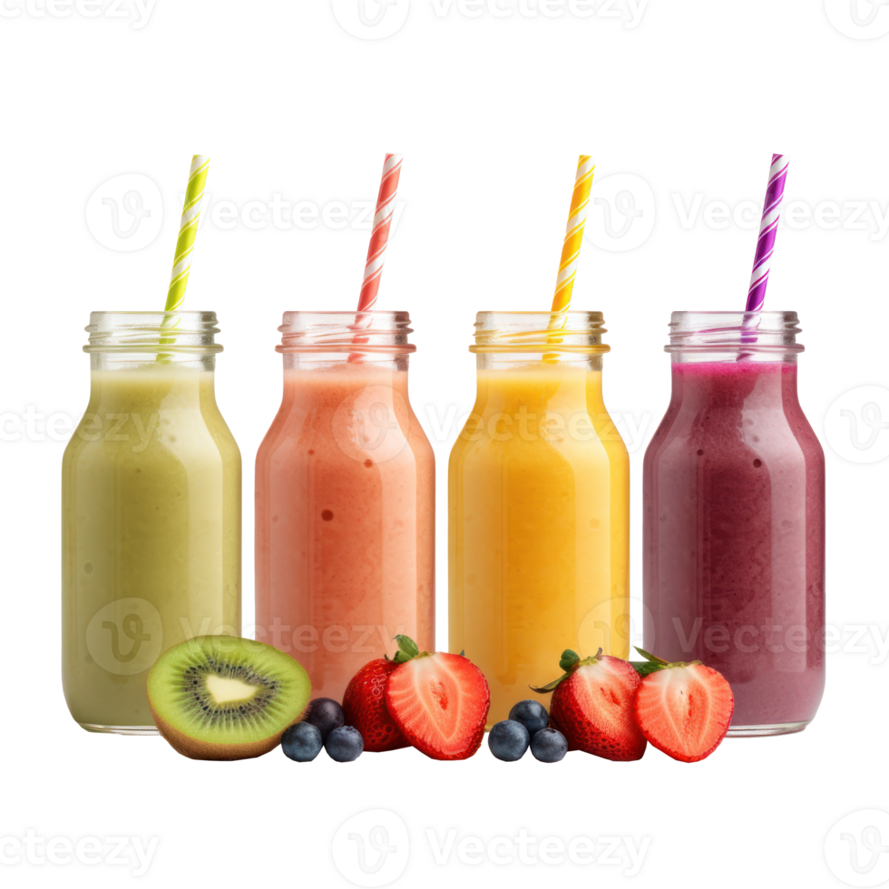 various smoothies in glass bottles with straws png