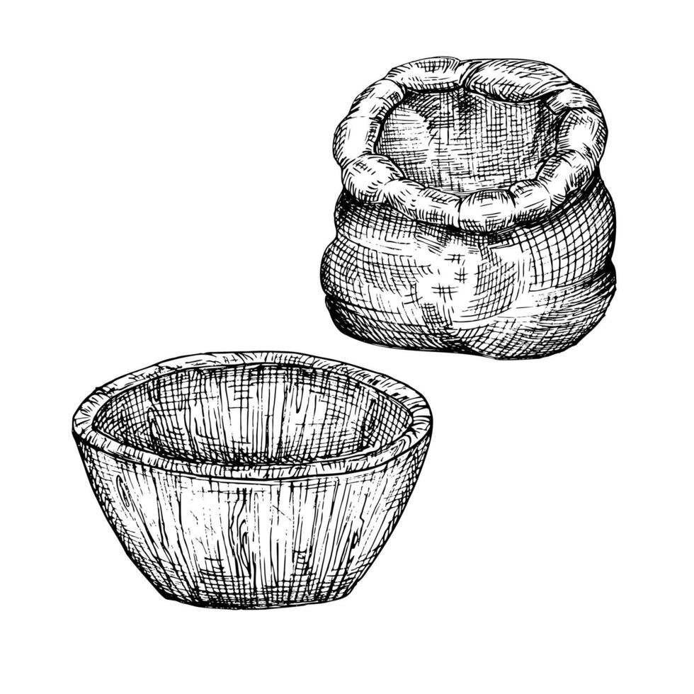 Canvas bag and wooden plate or bowl graphic illustration set. Drawing sketch stylized. Isolated. Hand drawn, suitable for food packaging design vector