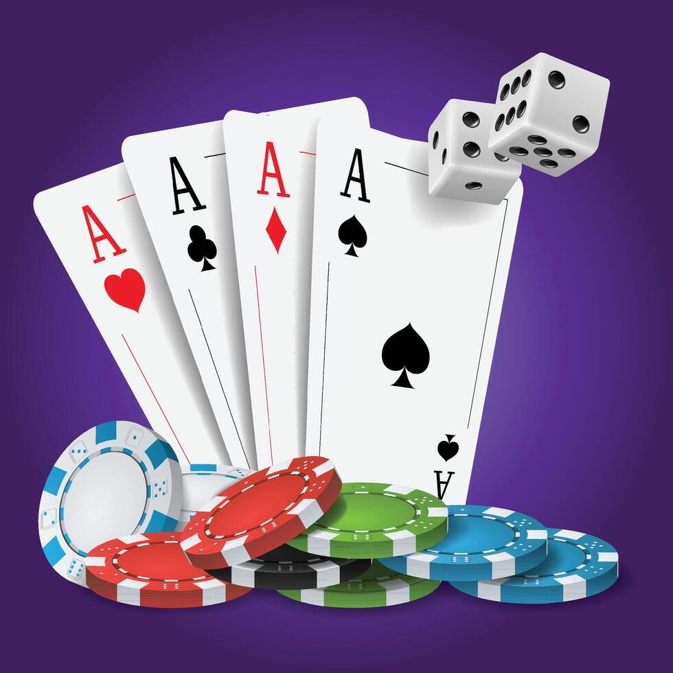 a poker table with poker chips and a pair of aces. vector