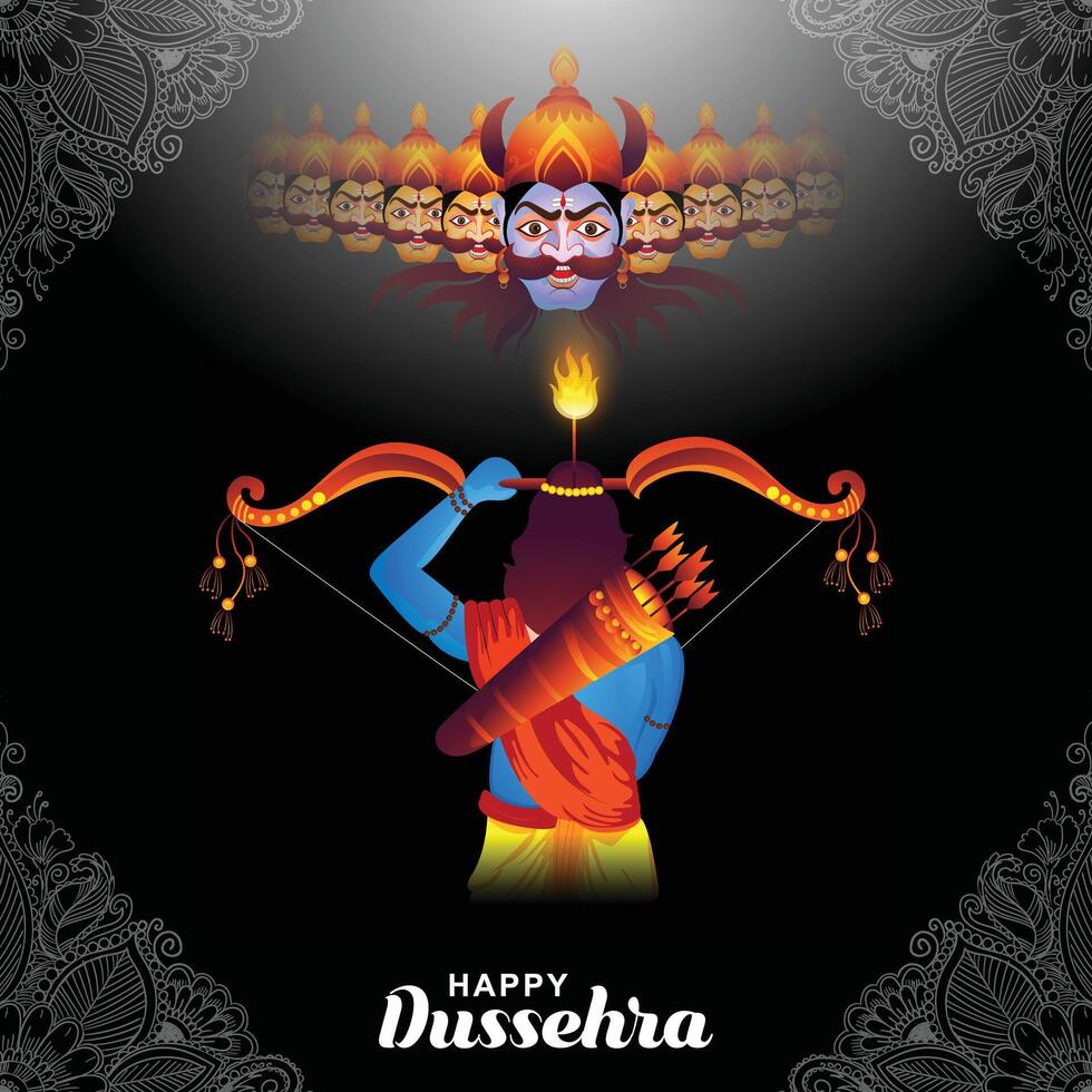 lord ram with bow and burning arrow happy dussehra festival background vector