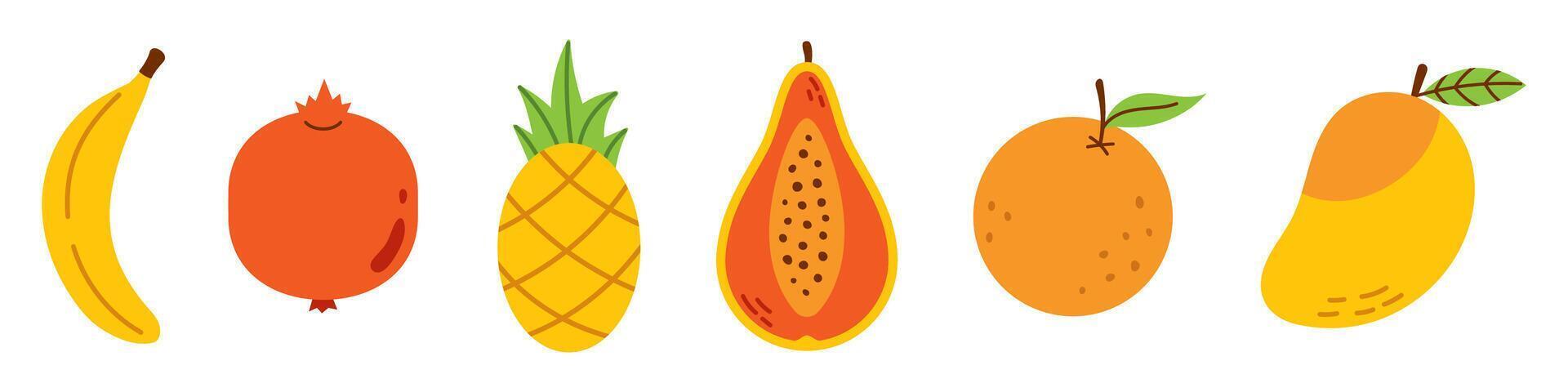 set of tropical fruits. Summer cute fruits in flat design. Healthy sweet food. Collection of banana, pomegranate, pineapple, papaya, orange, mango. vector