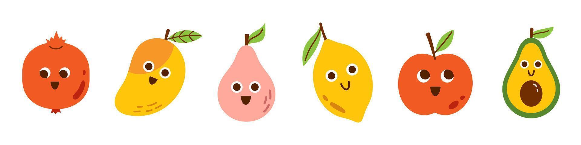 set of cute funny smiling fruits. Summer fruits with faces. Collection of pomegranate, mango, pear, lemon, apple, avocado characters. Kawaii food. vector