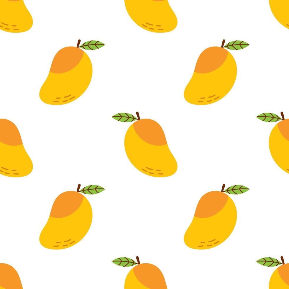 seamless pattern with mango fruits. Summer tropical fruits on a white background. Wrapping or wallpaper design. Baby, kids, childish print with mango. Cute exotic summer food background. vector