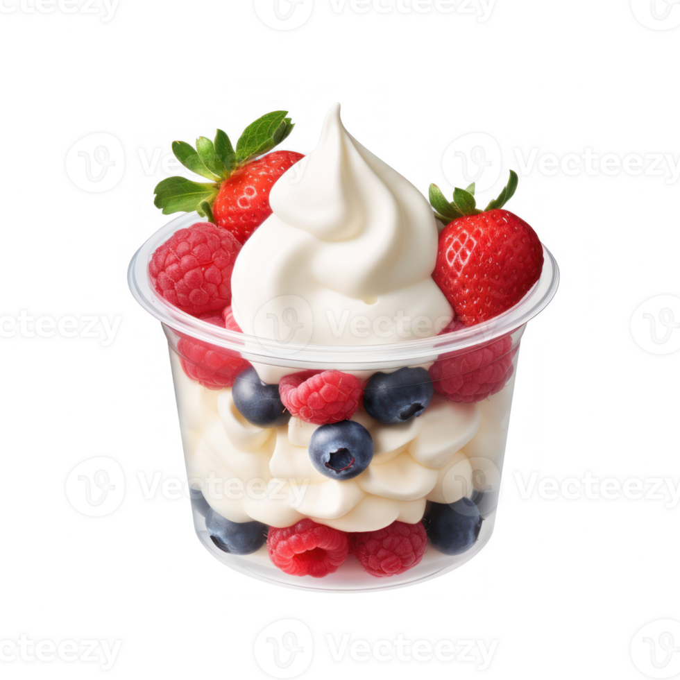 a dessert with berries and whipped cream in a plastic cup png