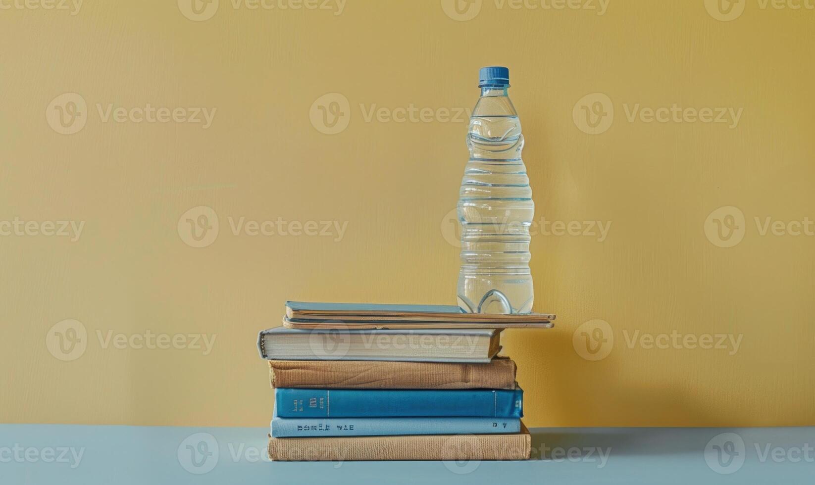 Stack of books on a light gray table with a pastel yellow background photo