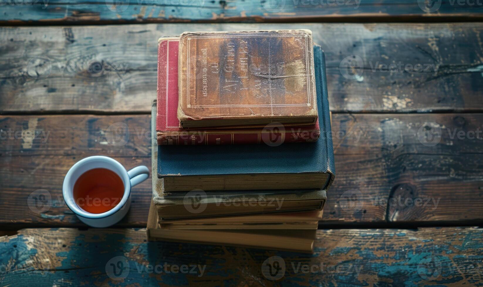 Stack of books on a wooden table with a cup of tea next to it, shadow from window, top view photo