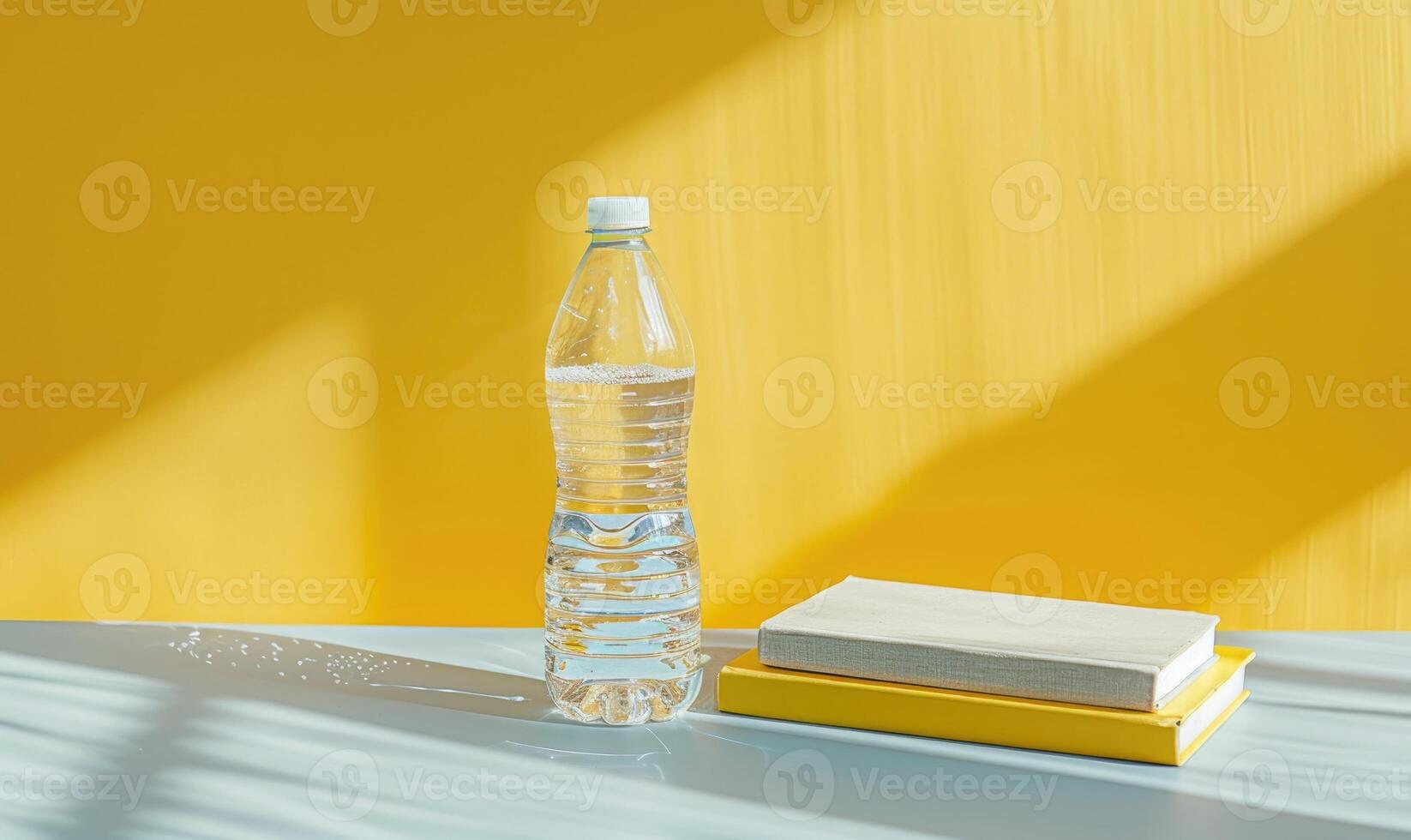Stack of books on a light gray table with a pastel yellow background photo