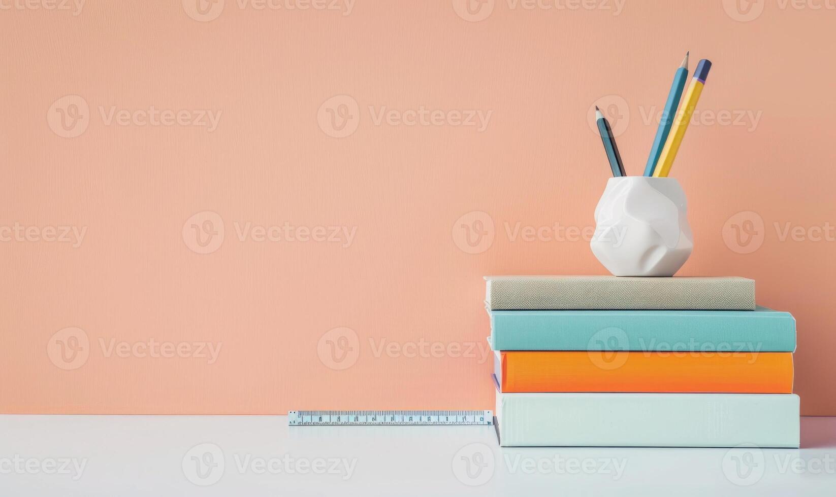 Stack of books on a white table with a pastel peach background photo