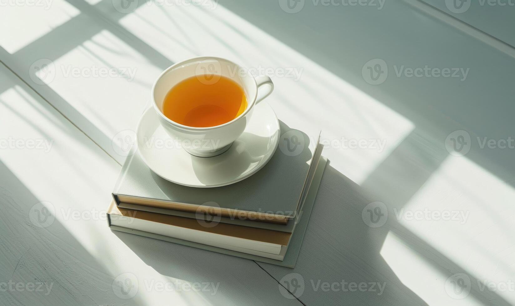 Stack of books on a white table with a cup of tea photo