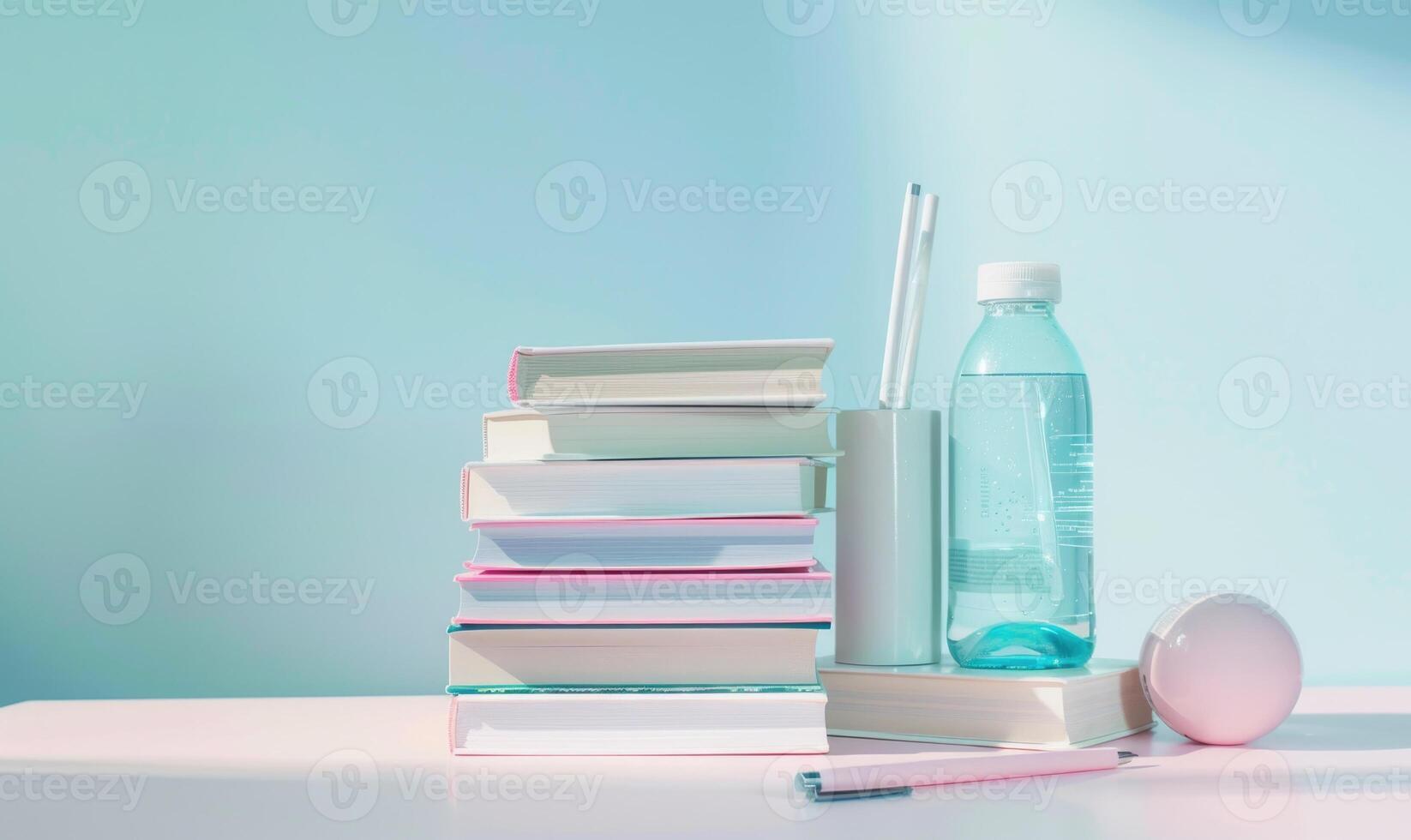 Stack of books on a white desk with a pastel sky blue background, with a water bottle and a pen photo