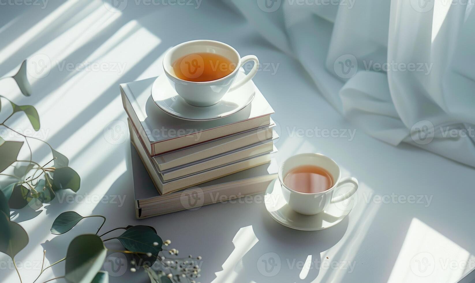 Stack of books on a white table with a cup of tea photo