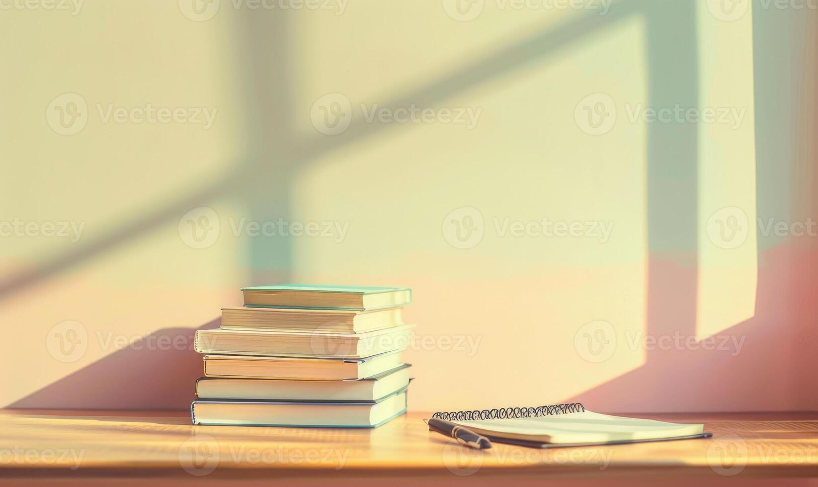 Stack of books on a wooden desk with a pastel cream background photo