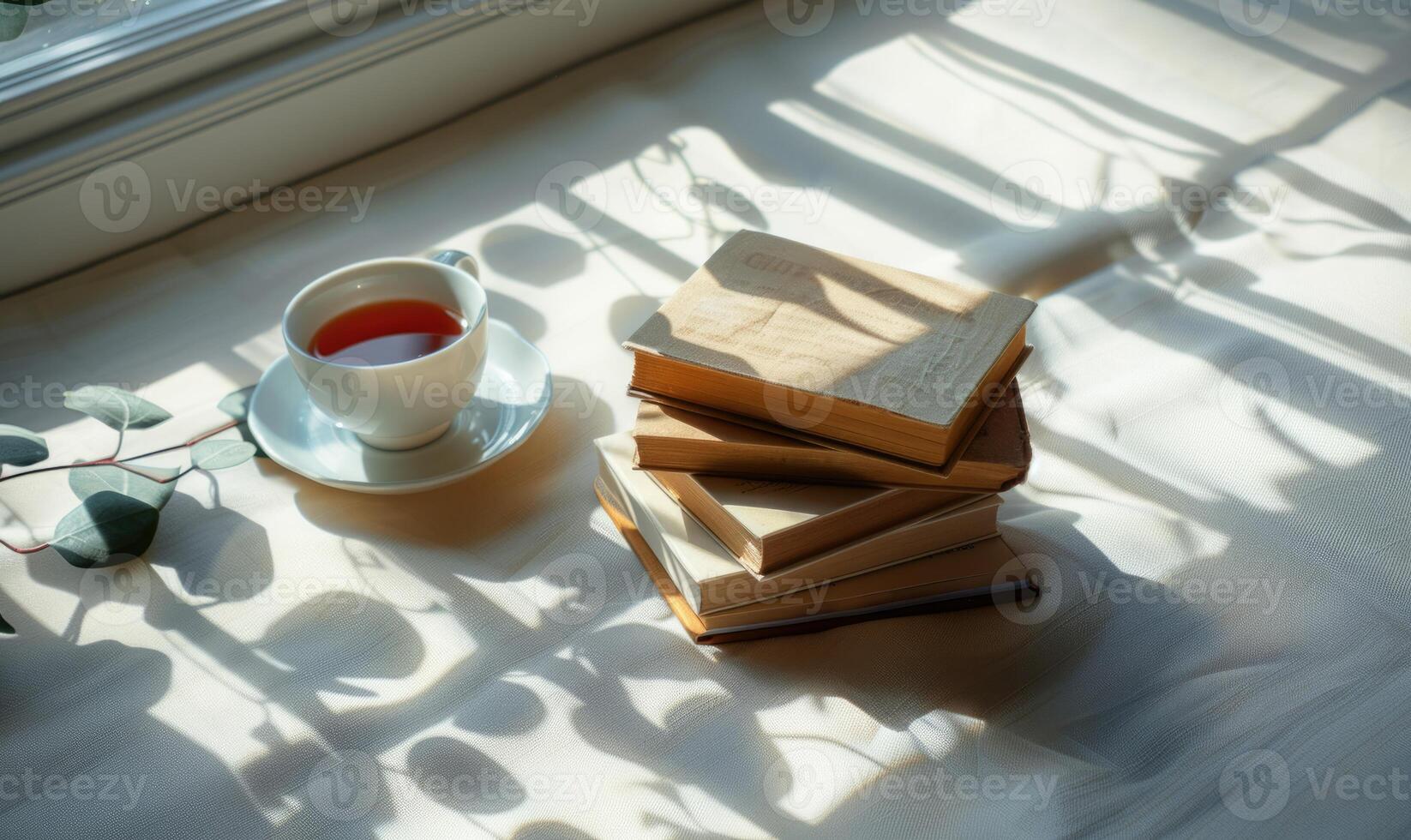 Stack of books on a white table with a cup of tea photo