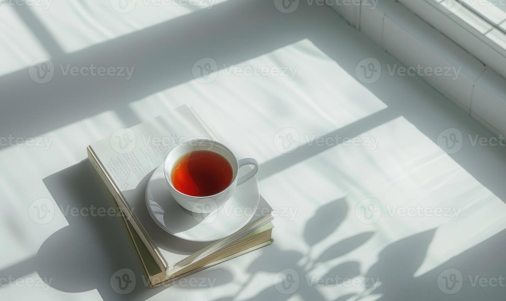 Stack of books on a white table with a cup of tea photo