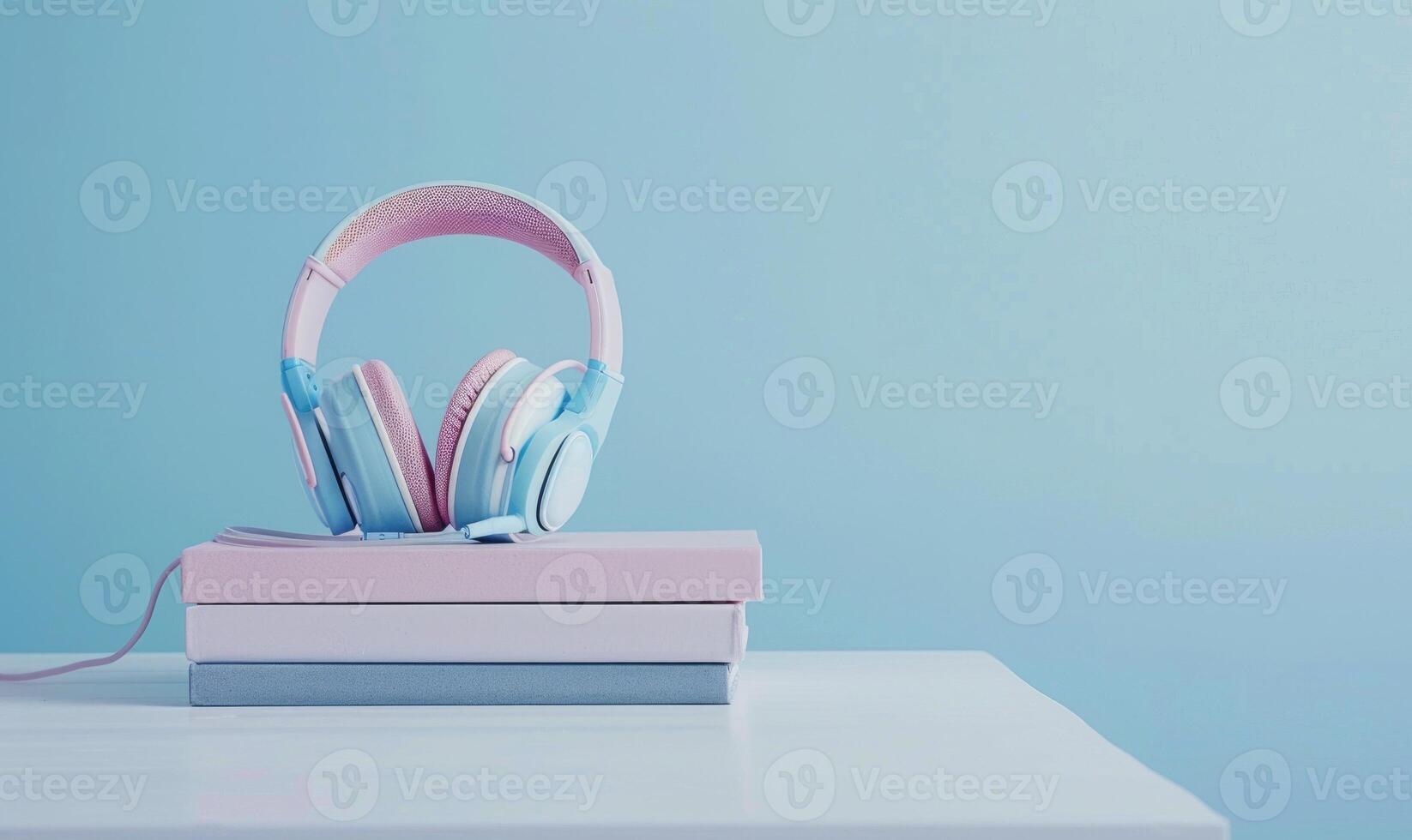 Stack of books on a white desk with a pastel sky blue background, with a pair of headphones photo
