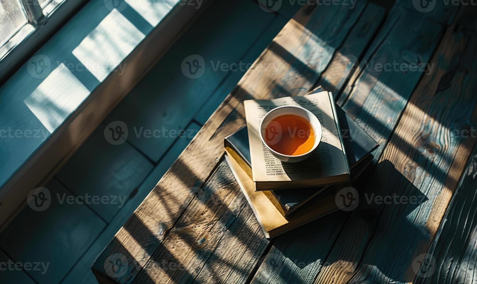 Stack of books on a wooden table with a cup of tea next to it, shadow from window, top view photo