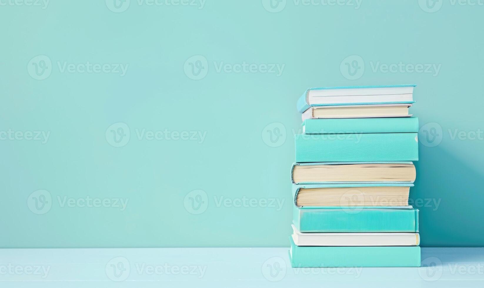 Stack of books on a white table with a pastel blue background photo