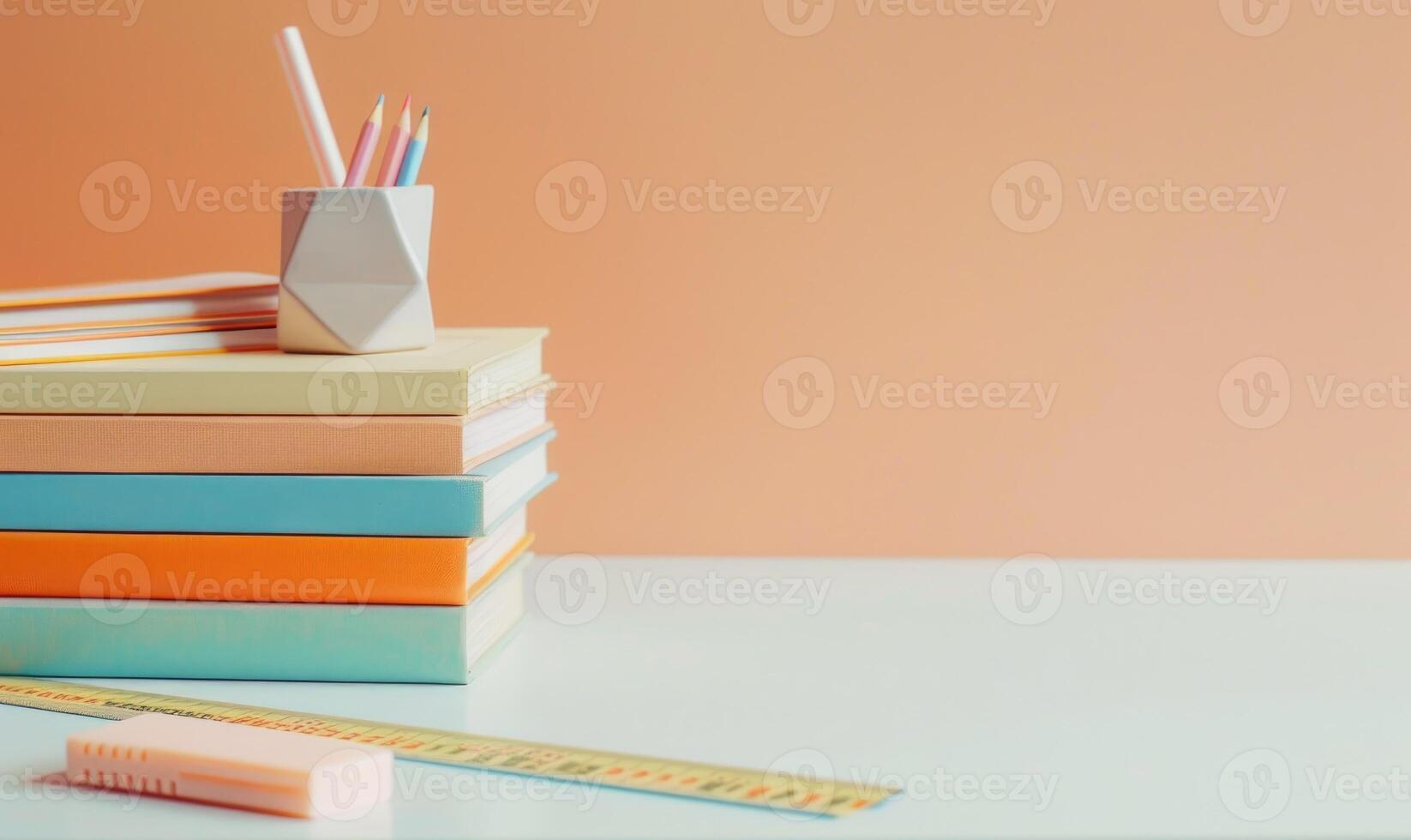 Stack of books on a white table with a pastel peach background photo