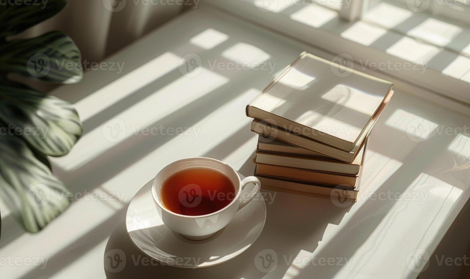 Stack of books on a white table with a cup of tea photo