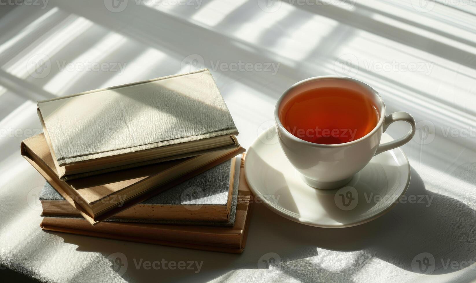 Stack of books on a white table with a cup of tea photo