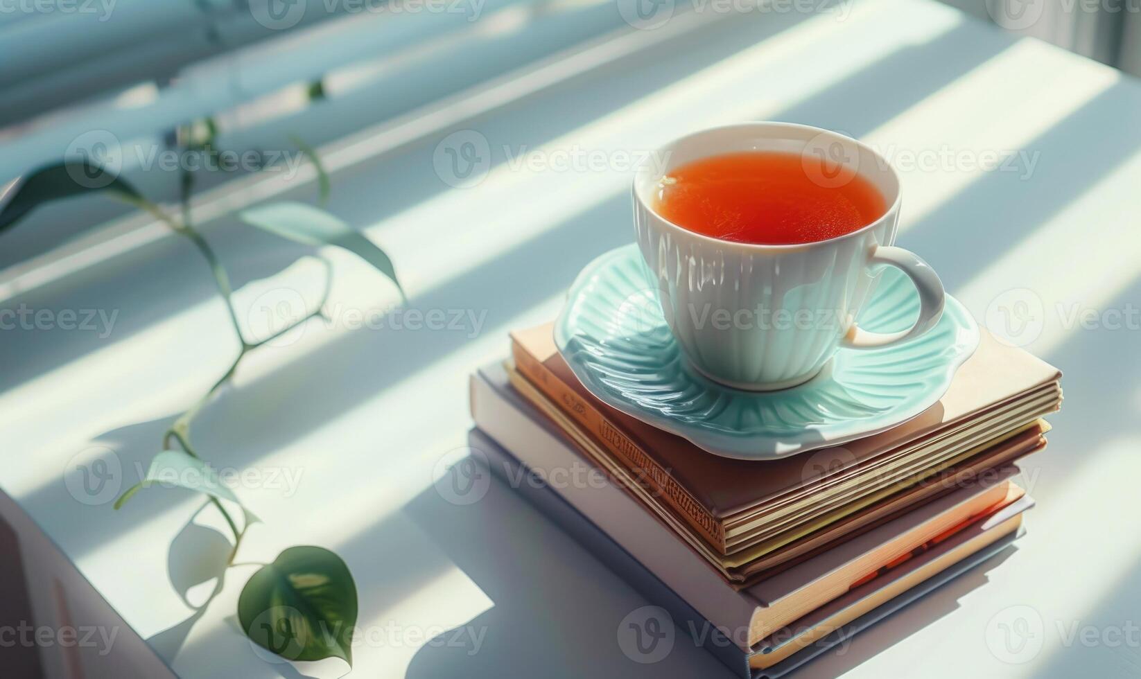 Stack of books on a white table with a cup of tea photo