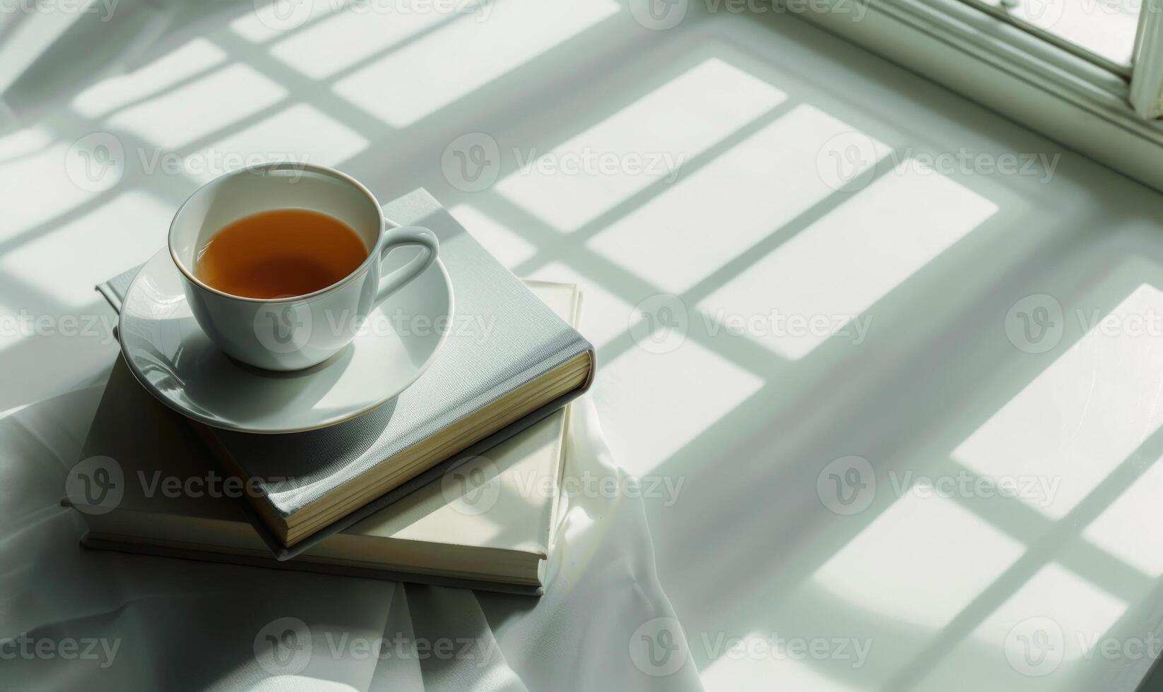 Stack of books on a white table with a cup of tea photo