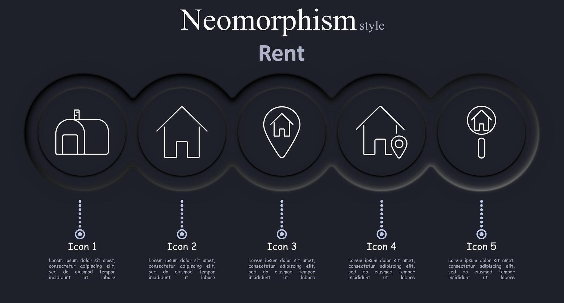 Rent set icon. Mailbox, house, location pin, house with pin, magnifying glass, real estate, property, rent, home, search, map, navigation, neomorphism, symbols vector