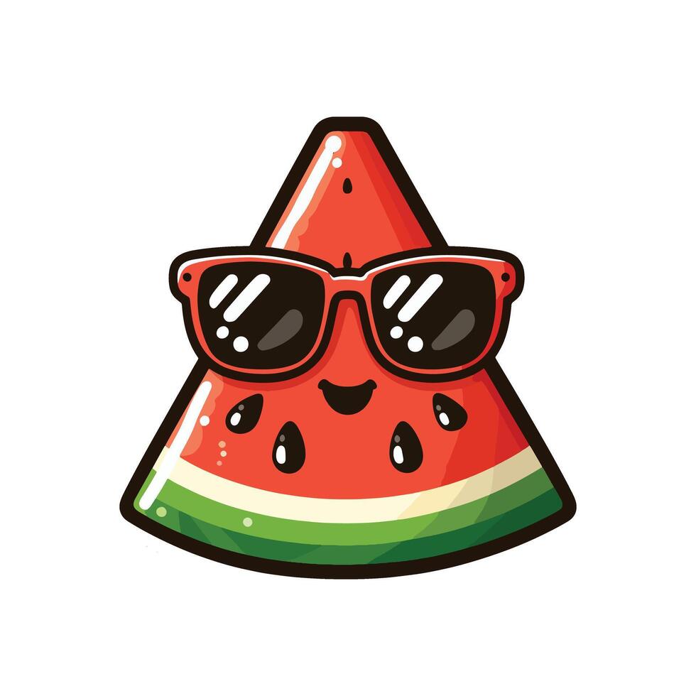 Cute red summer watermelon character wearing glasses. Flat design illustration of red watermelon vector