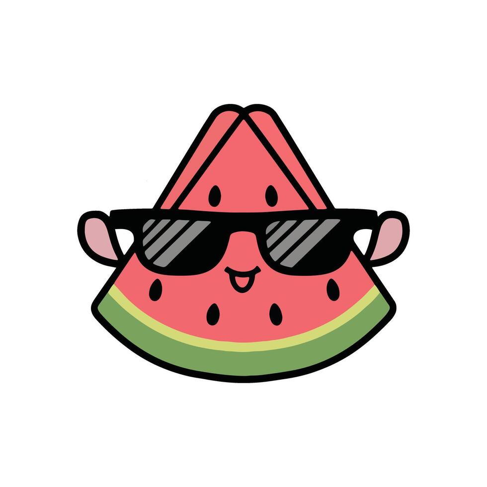 Cute red summer watermelon character wearing glasses. Flat design illustration of red watermelon vector
