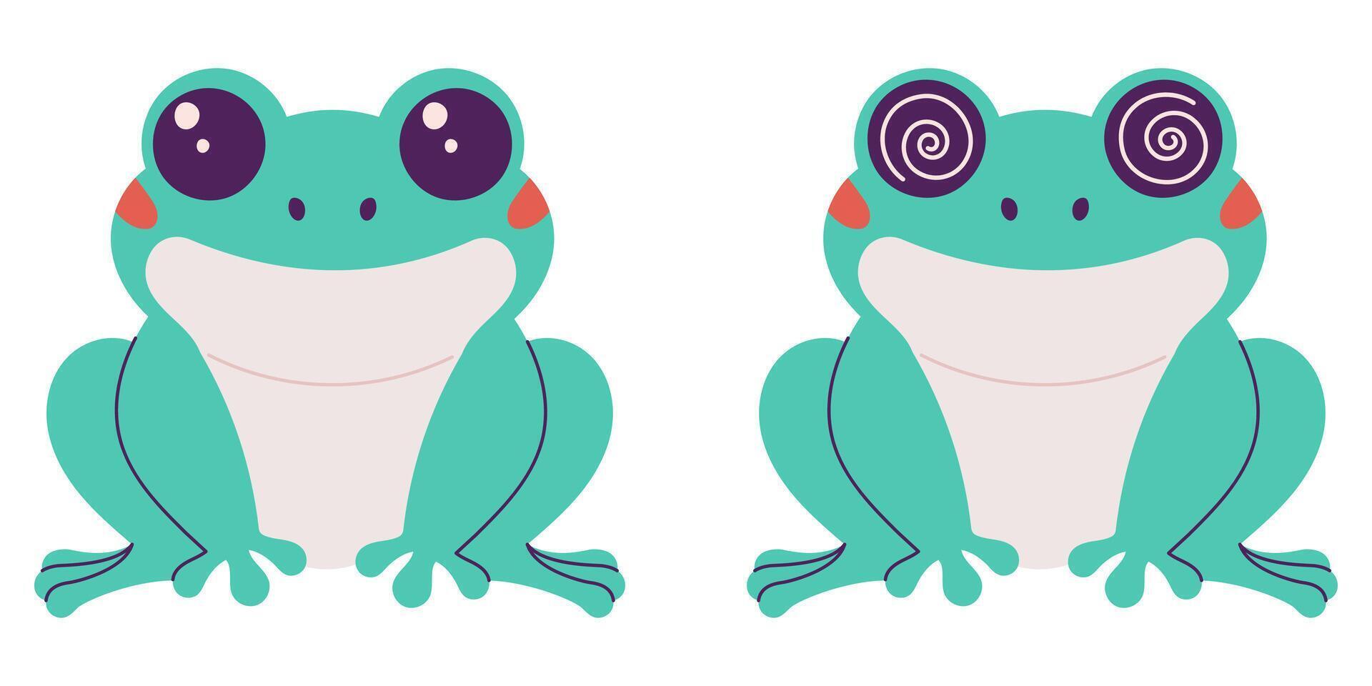 Set of frogs, hypnotic look, isolated on white background, illustration vector