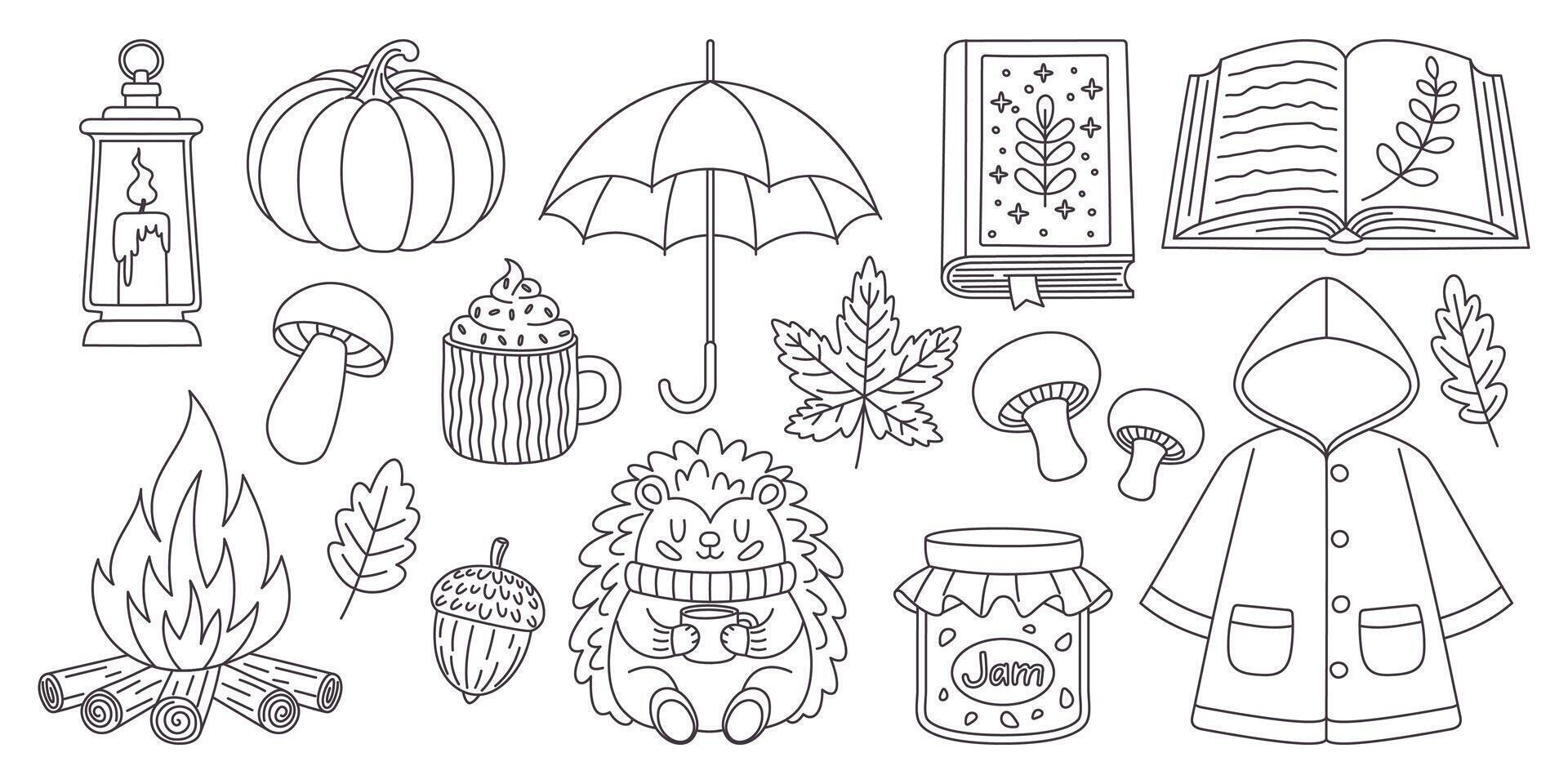 Autumn set in line art style, hand-drawn vector