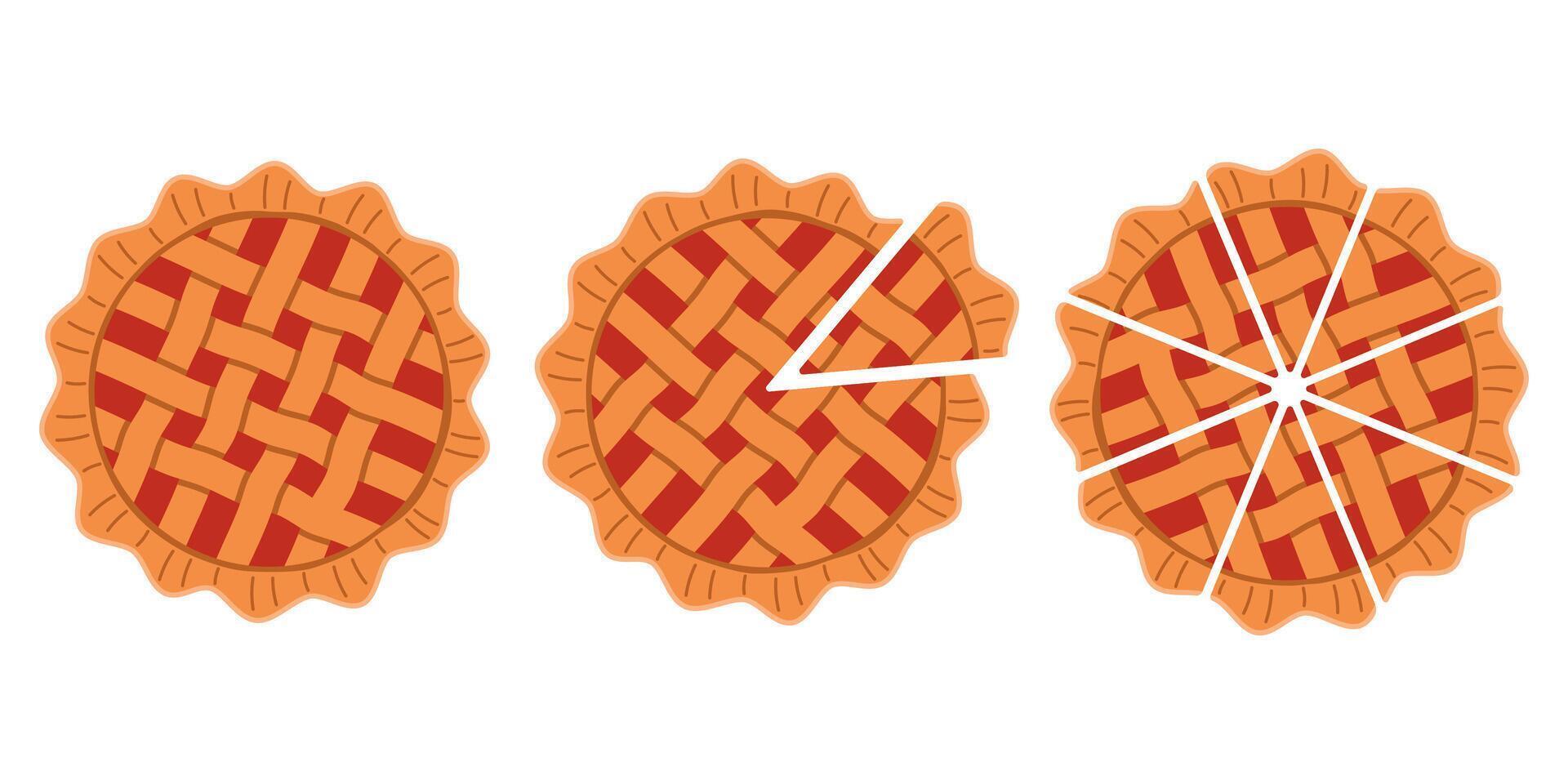 Set of pie and slices. Top view of delicious homemade pies. Hand drawn vector