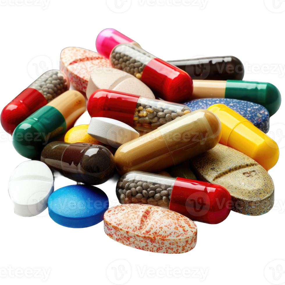 Medicines, capsules different tablets isolated on transparent background cut out png