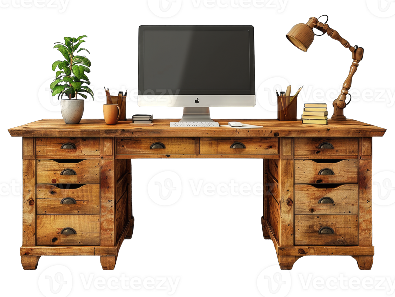 Computer on desk office table with lamp, plants, keyboard and mouse old design isolated on transparent background cut out png