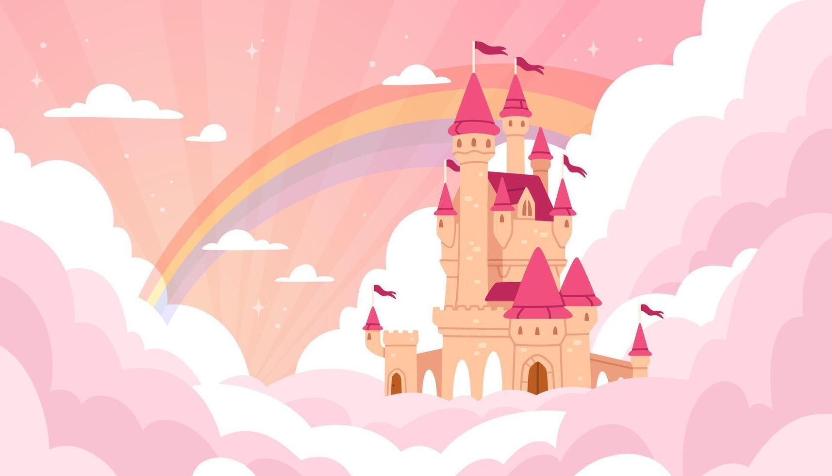 Pink castle in clouds. Cartoon magic flying fairy palace for princess. Kingdom home tower in clouds on land in sky. Fabulous magic building landscape. background vector