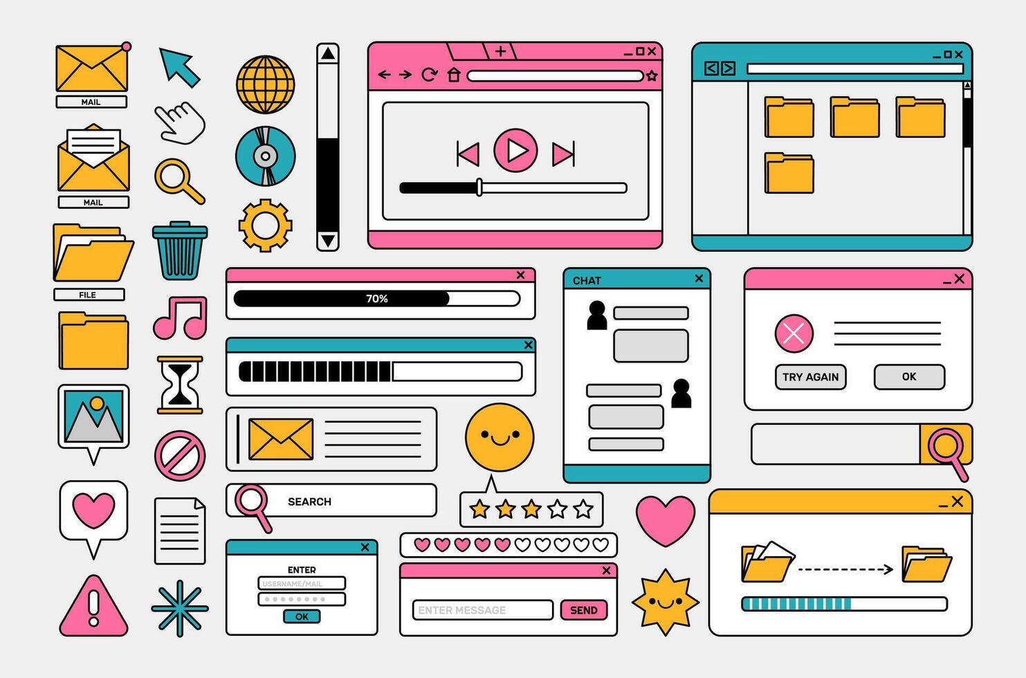 90s retro desktop interface. Retro user computer elements. Vintage old vaporwave icons and screens, UI and UX themes. Nostalgic digital objects for pc 2000s. set vector