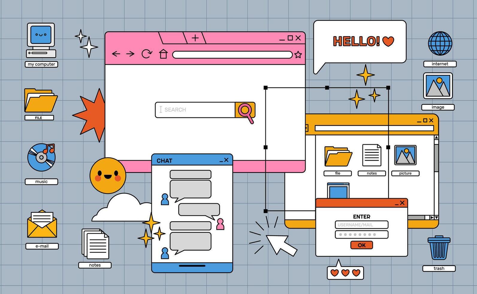 Vaporwave digital screen. 90s old style aesthetics user interface. Retro personal computer screen icons, elements. Desktop objects in y2k style. illustration vector