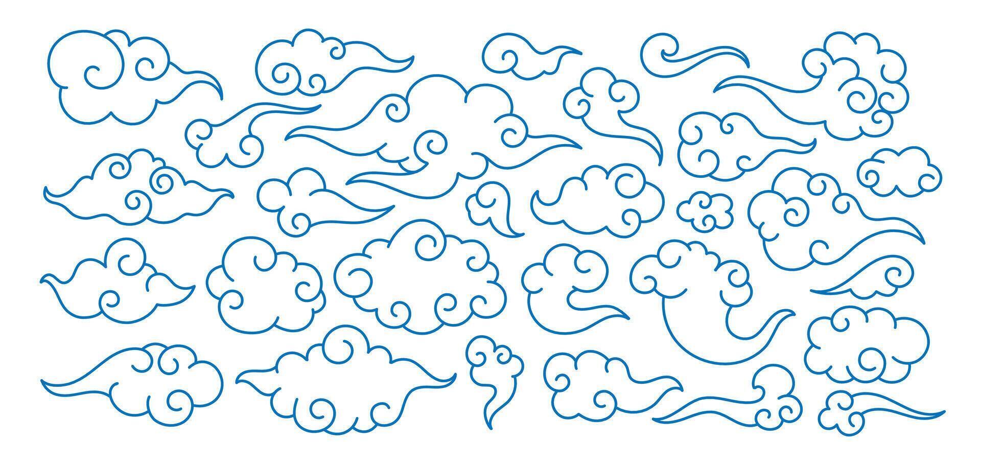 Chinese clouds. Traditional oriental cloudy element. Cartoon Asian line clouds shape. China decorative festive and holiday ornaments. Swirl blue cloud in sky. Doodle outline set vector