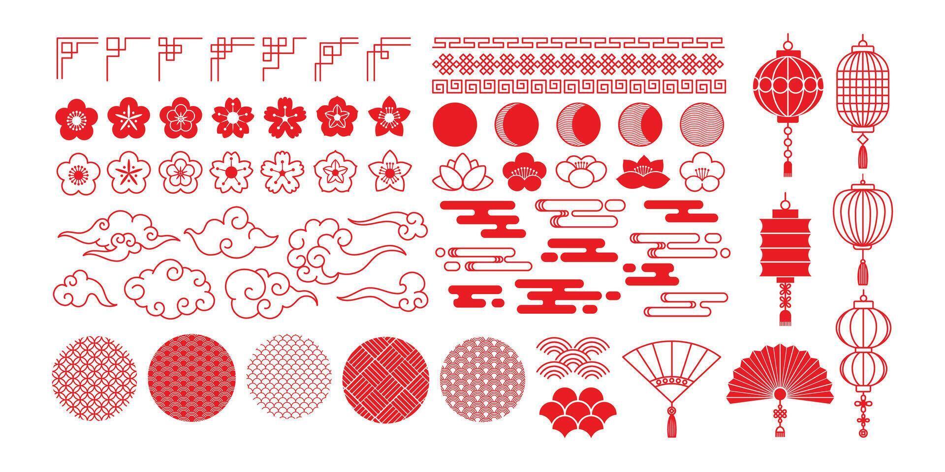 Chinese new year elements. Traditional oriental ornaments. China festival, new year celebrations. Asian festive flowers, clouds, ornaments, lantern. Lunar symbols set vector