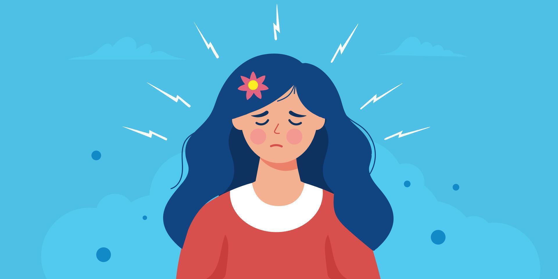 Tired woman have headache, migraine, dizziness and other chronic fatigue syndrome symptoms. vector
