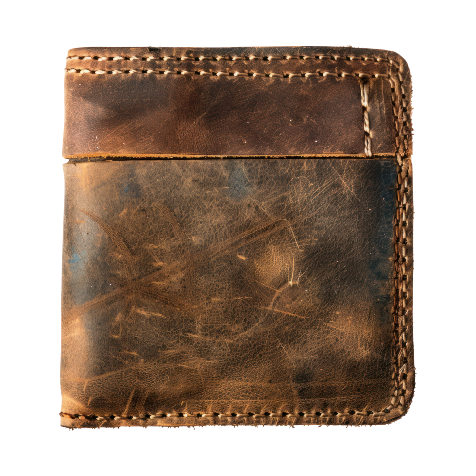 Brown leather wallet with stitching, isolated on a transparent background. handmade craft leather wallet cutout png