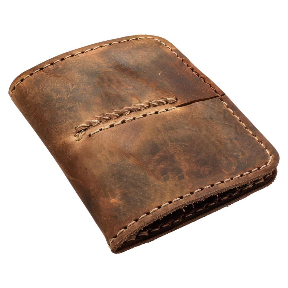 Brown leather wallet with stitching, isolated on a transparent background. handmade craft leather wallet cutout png