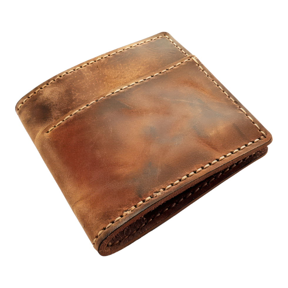 Brown leather wallet with stitching, isolated on a transparent background. handmade craft leather wallet cutout png