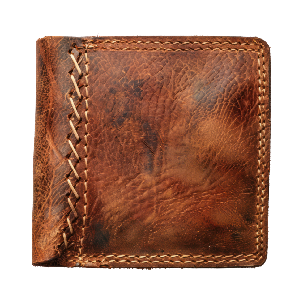Brown leather wallet with stitching, isolated on a transparent background. handmade craft leather wallet cutout png
