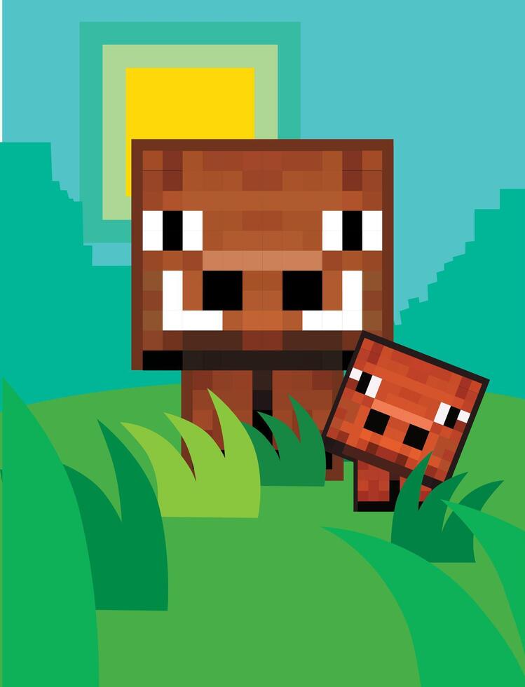 Pixelated wild boar with a cub in nature vector