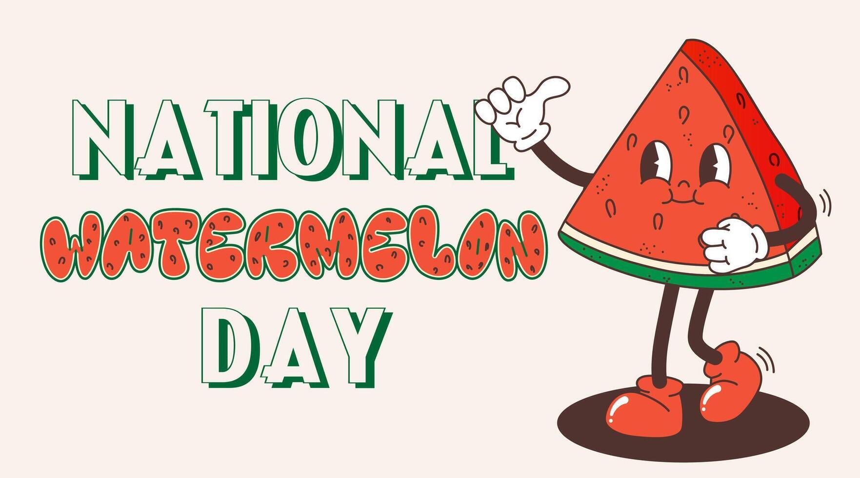 National watermelon day banner template. Groovy watermelon character in retro style. Holiday concept. Fruit mascot character. Design for background, banner, placard, card, and web. vector