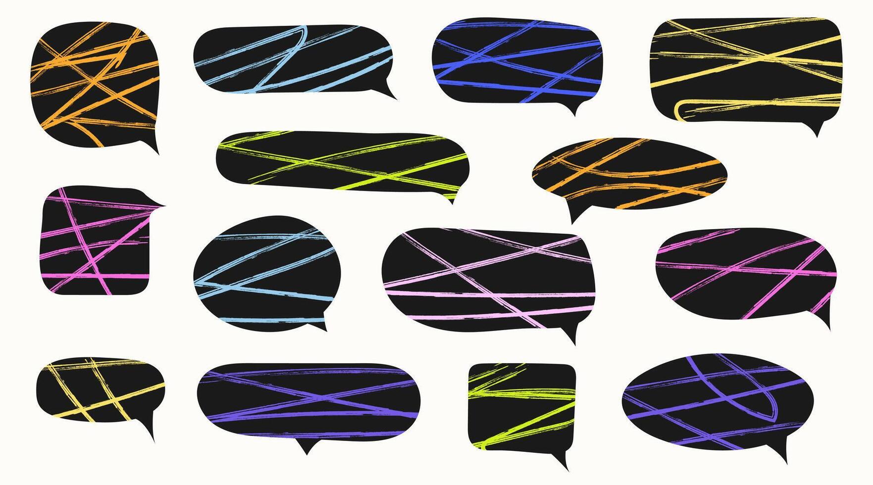 Set of colorful speech bubbles. Dialogue box in doodle style with scribble textures. Doodles drawing chalk marker. Text boxes for chats and games. Various talk balloon shapes in retro 90's style vector