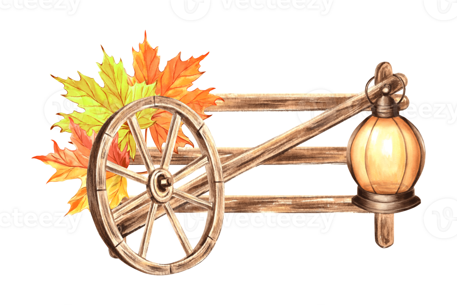 Lantern on fence with wooden wheel of cart and maple leaves. Autumn rustic composition country life. Hand drawn watercolor illustration isolated. Traditional fall decor. Template for card, embroidery. png