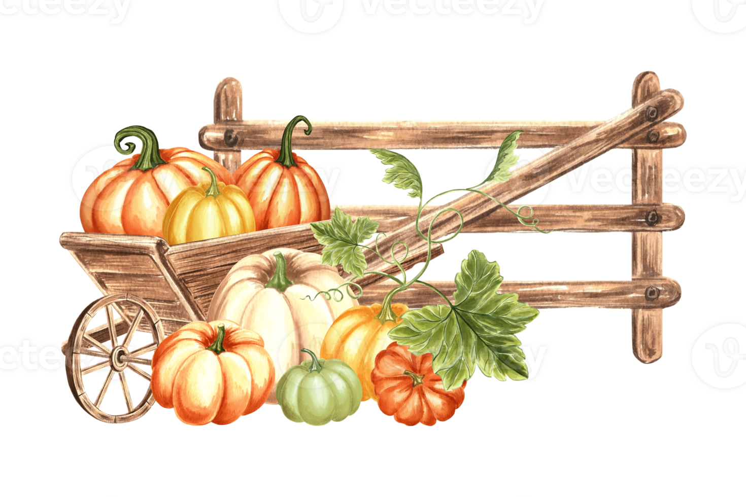 Pumpkins in cart with wooden fence. Autumn composition. Hand drawn watercolor illustration isolated. Thanksgiving traditional vegetables. Gate country house. Template for card, Halloween, embroidery. png