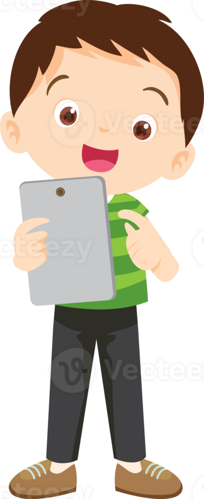cute kids standing use smartphone and tablet gadget png